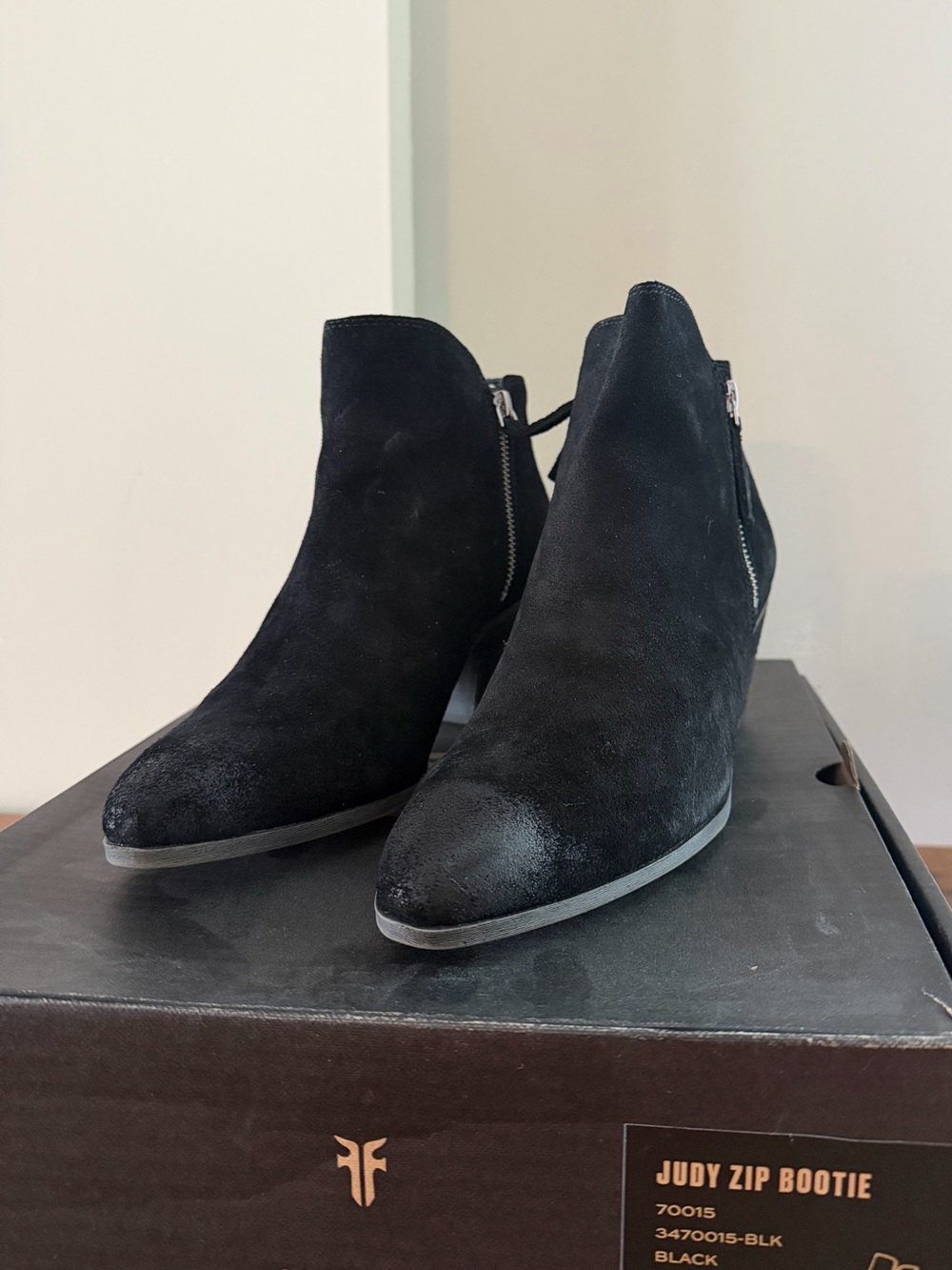 Frye Black Suede Judy Zip Ankle Booties